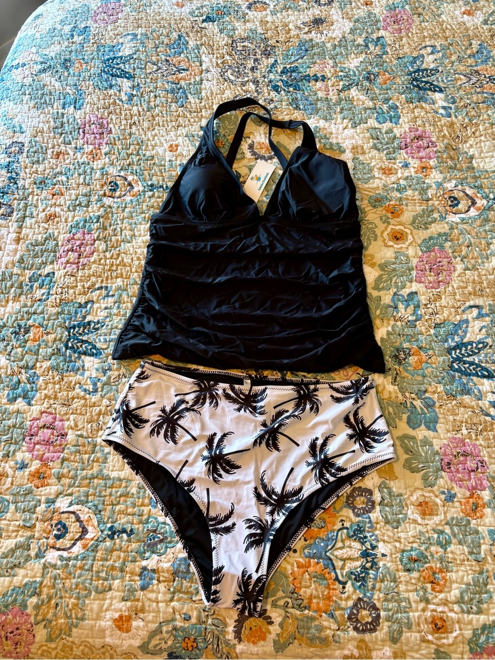 Beachsissi Black Tankini Top with Palm-Print High-Waist Bottoms